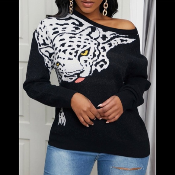 BLACK LEOPARD ONE SHOULDER SWEATER NWOT - Picture 1 of 3